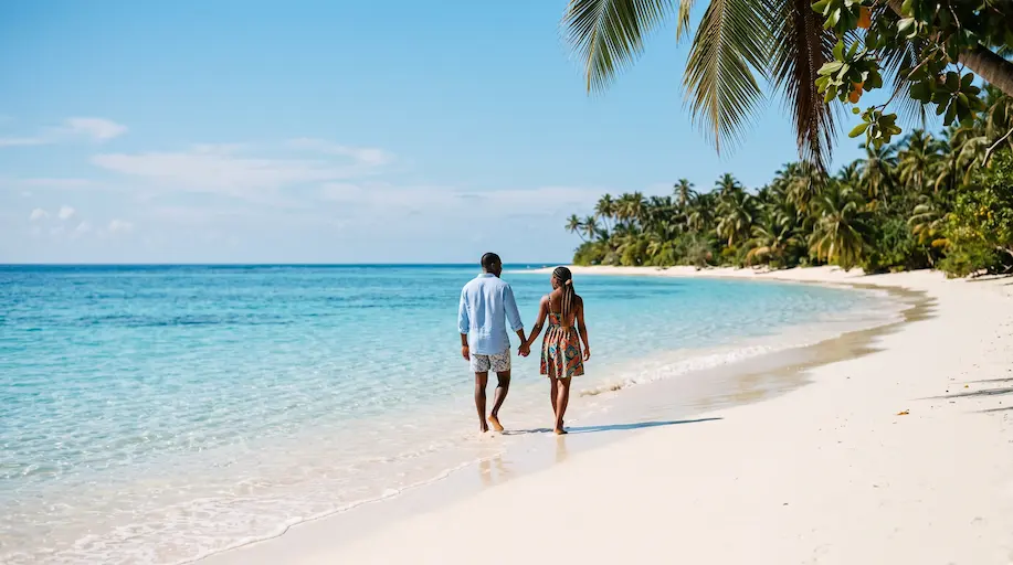 A couple walking along the waterline of a white sand tropical beach